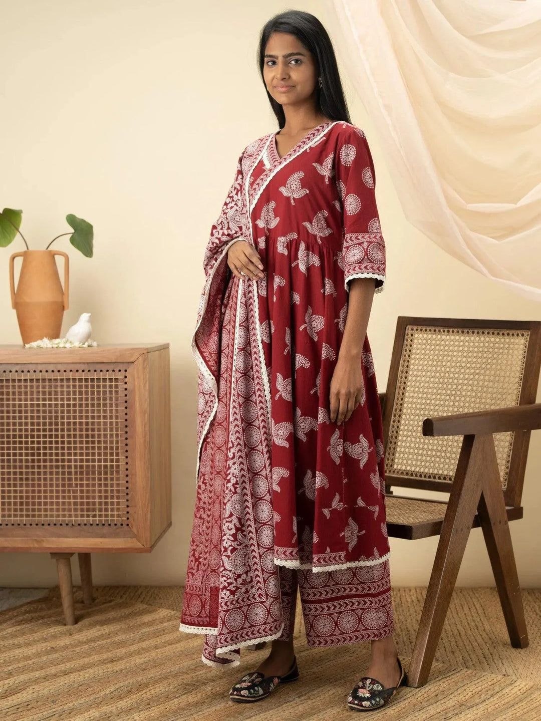 Maroon Printed Cotton Suit Set - Libas 