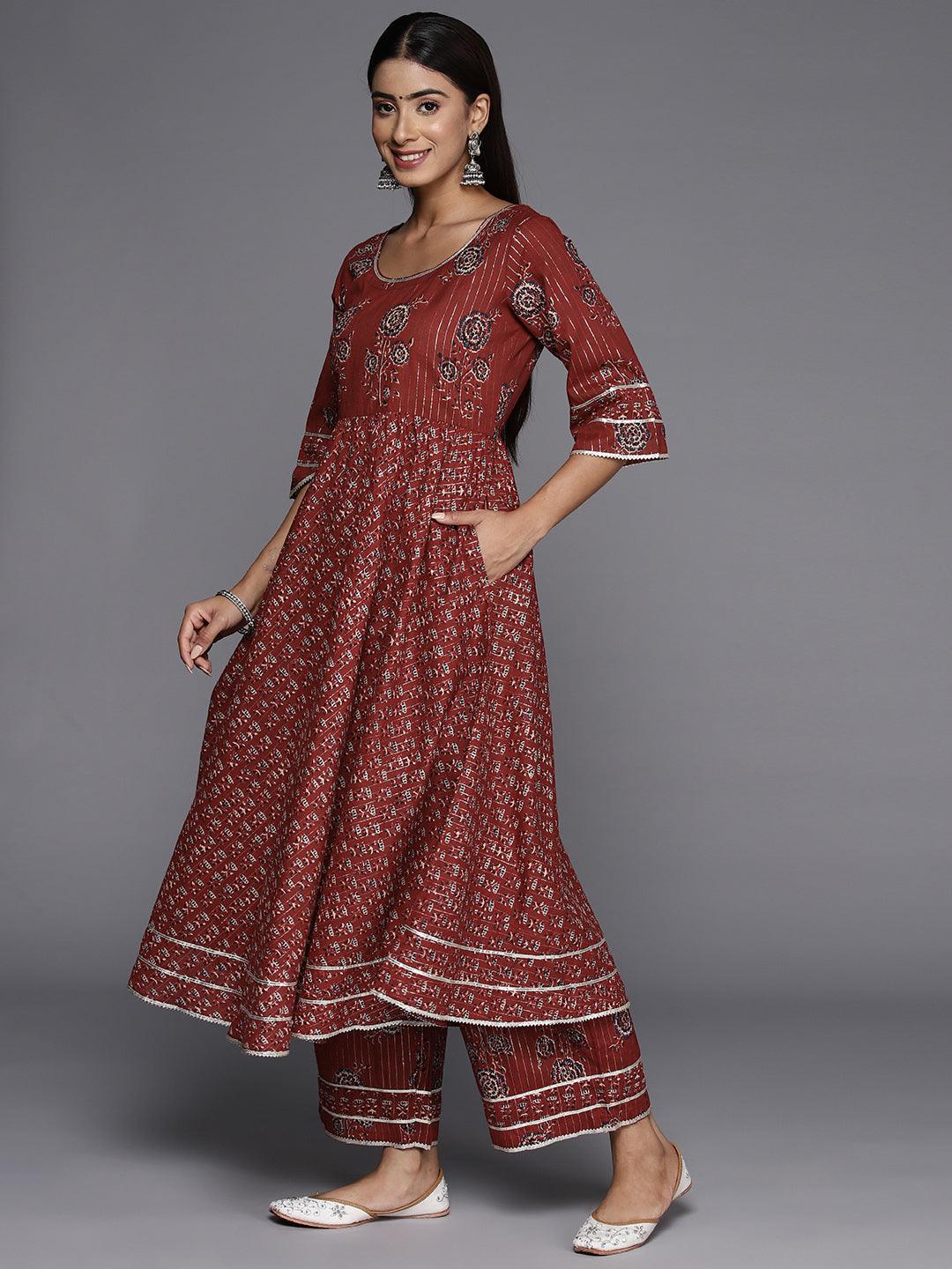 Maroon Printed Cotton Anarkali Suit With Dupatta