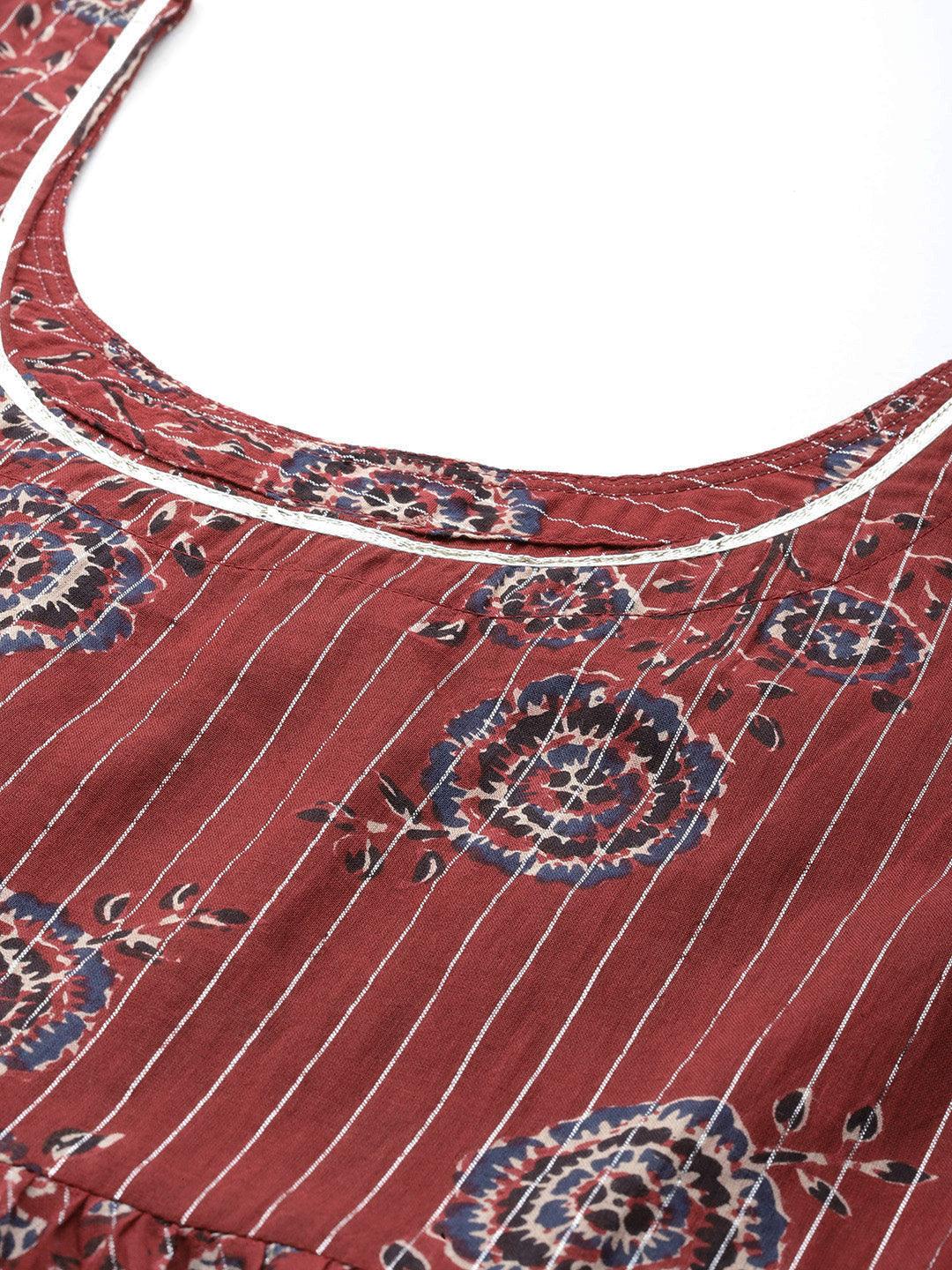 Maroon Printed Cotton Anarkali Suit With Dupatta