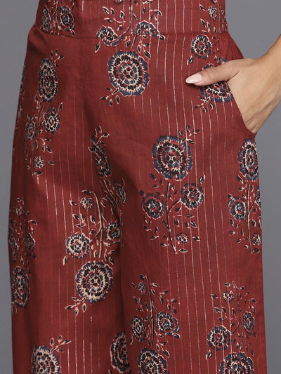 Maroon Printed Cotton Anarkali Kurta With Trousers & Dupatta - Libas