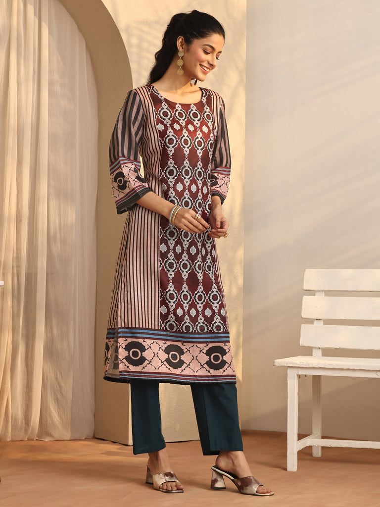 Libas Maroon Printed Cotton Blend Straight Kurta