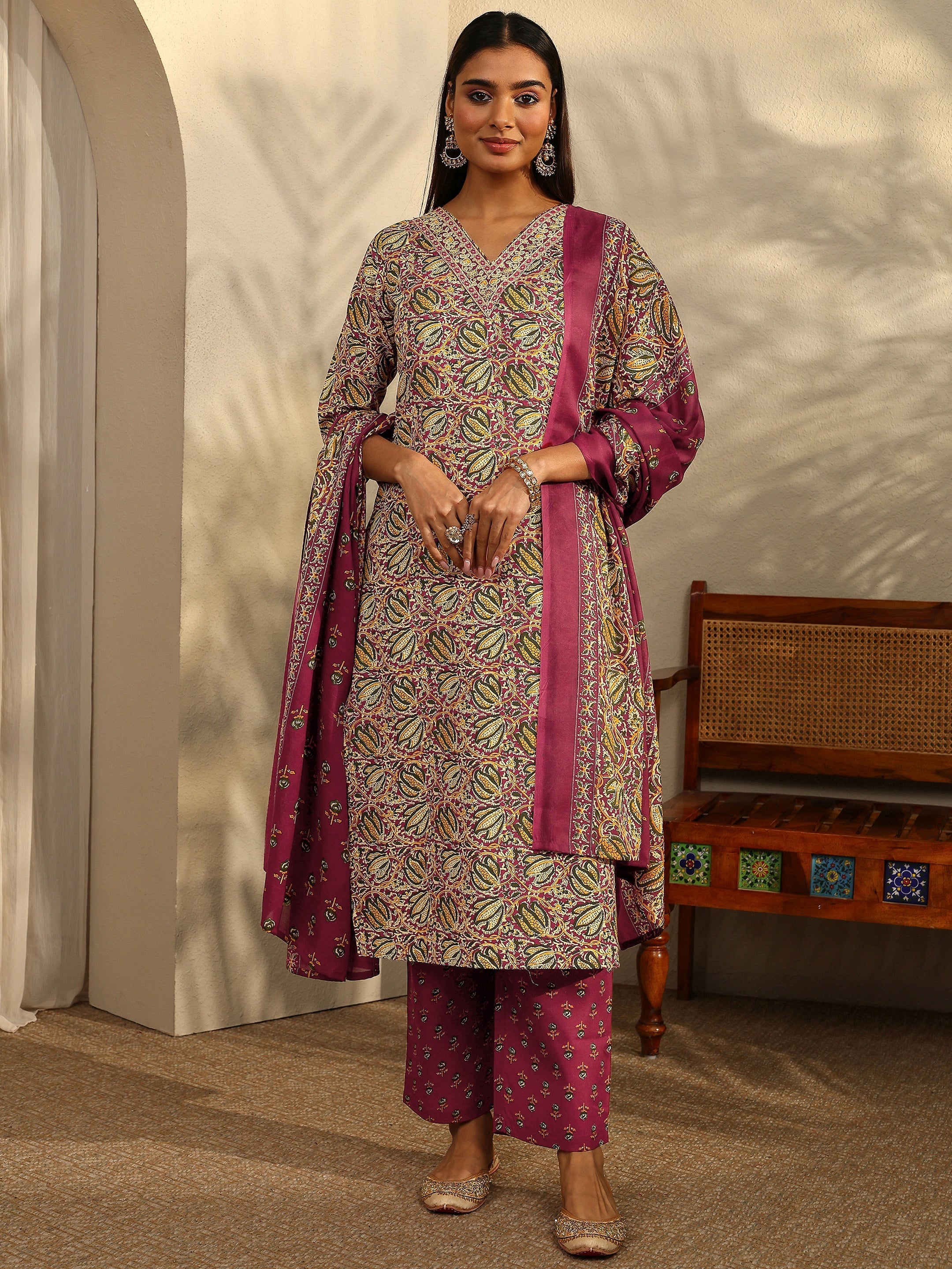 libas Maroon Printed Cotton Blend Straight Suit Set With Dupatta-picture-37