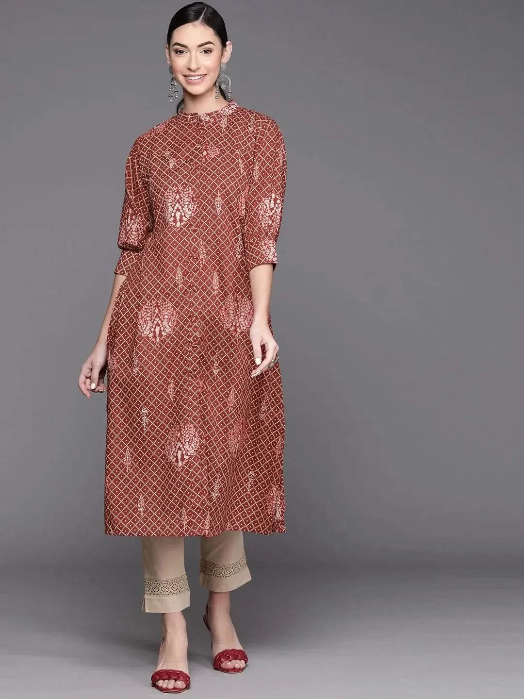 Maroon Printed Cotton Kurta - Libas