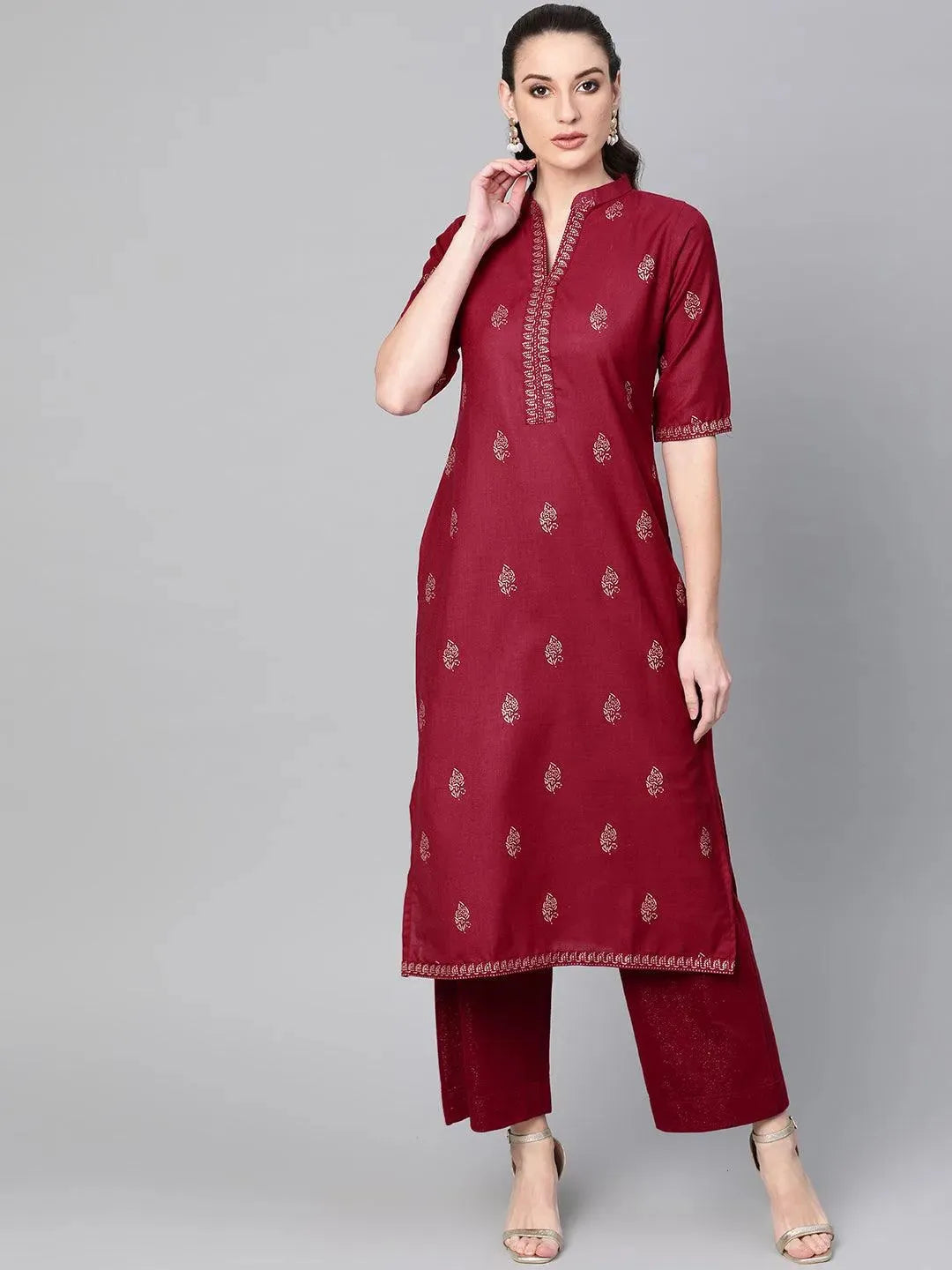 Maroon Printed Cotton Kurta - Libas