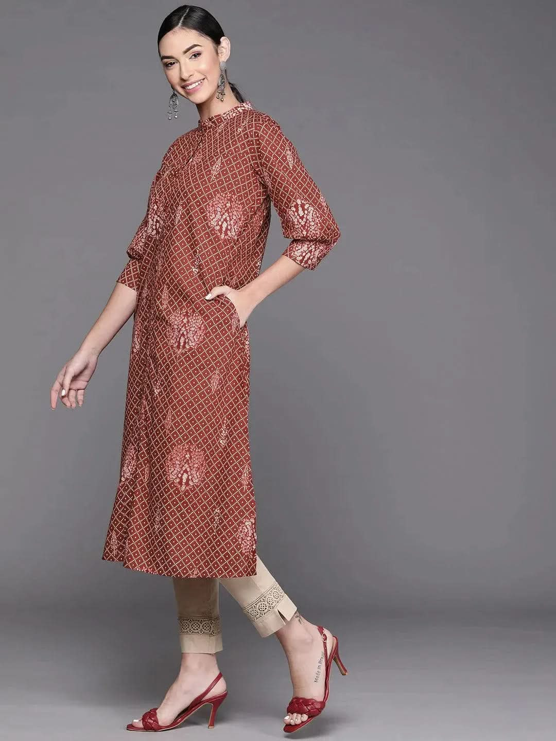 Maroon Printed Cotton Kurta - Libas