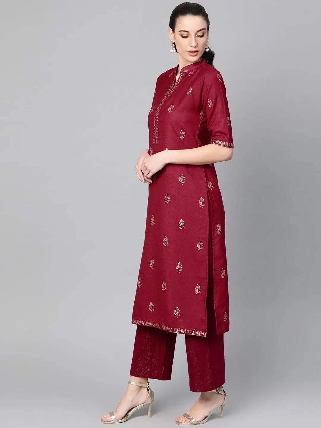 Maroon Printed Cotton Kurta - Libas 