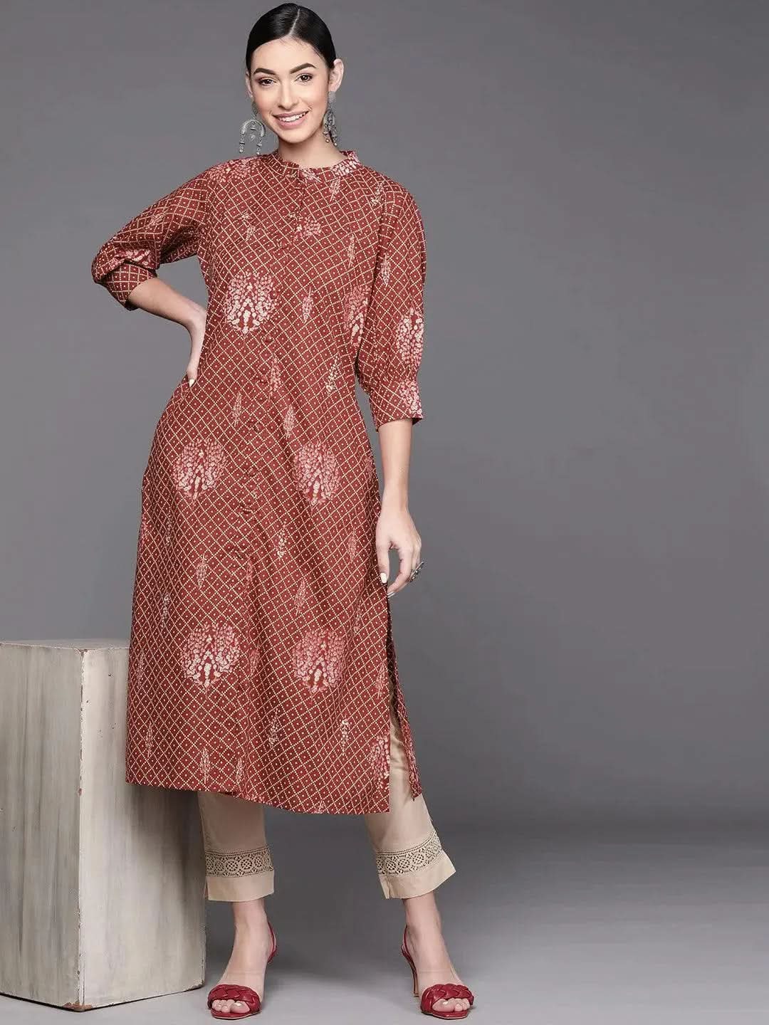 Maroon Printed Cotton Kurta - Libas 