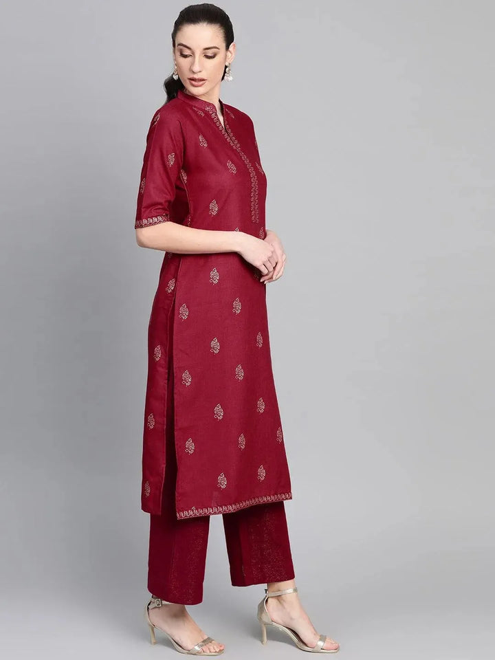 Maroon Printed Cotton Kurta - Libas