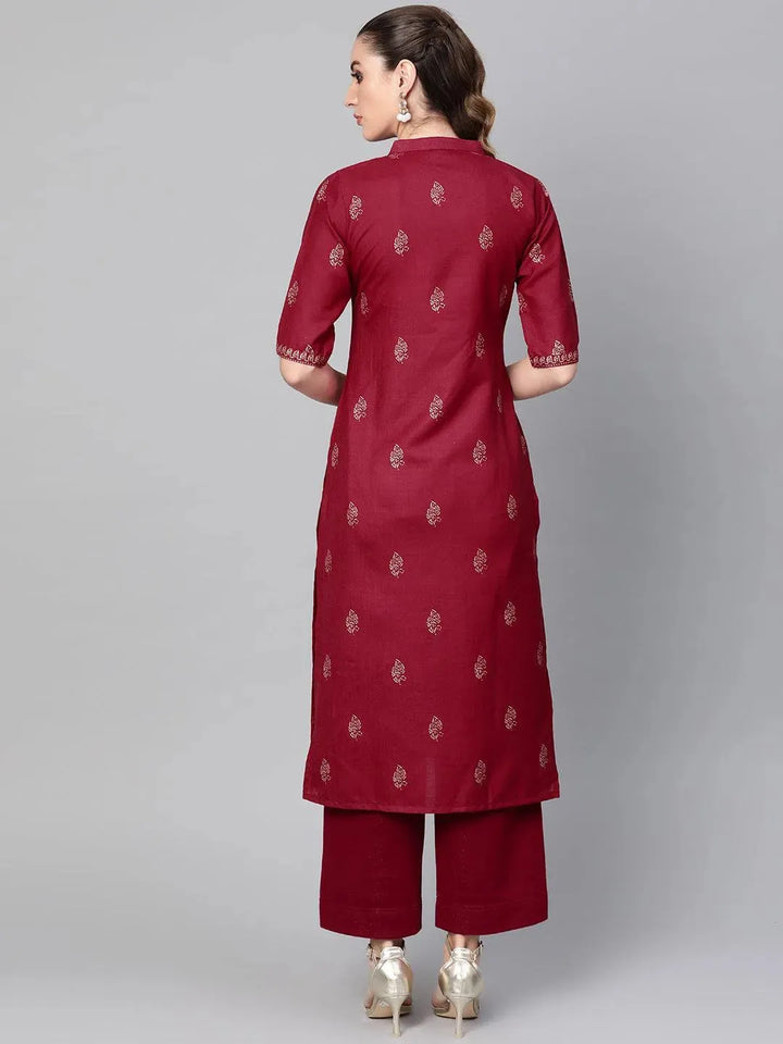 Maroon Printed Cotton Kurta - Libas