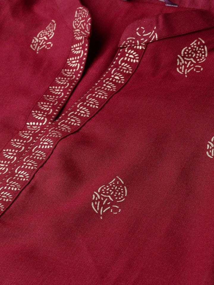 Maroon Printed Cotton Kurta - Libas