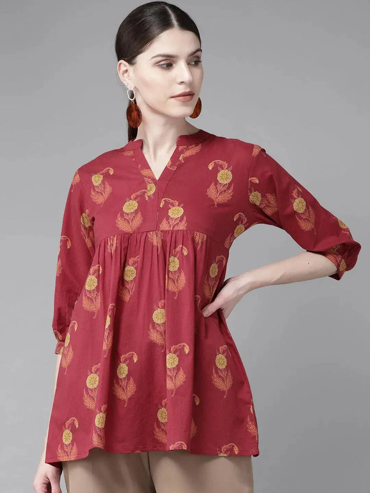 Maroon Printed Cotton Kurti - Libas