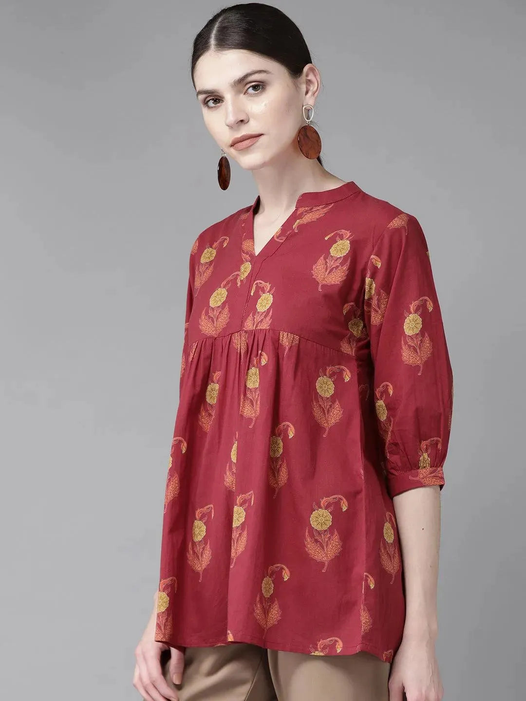 Maroon Printed Cotton Kurti - Libas