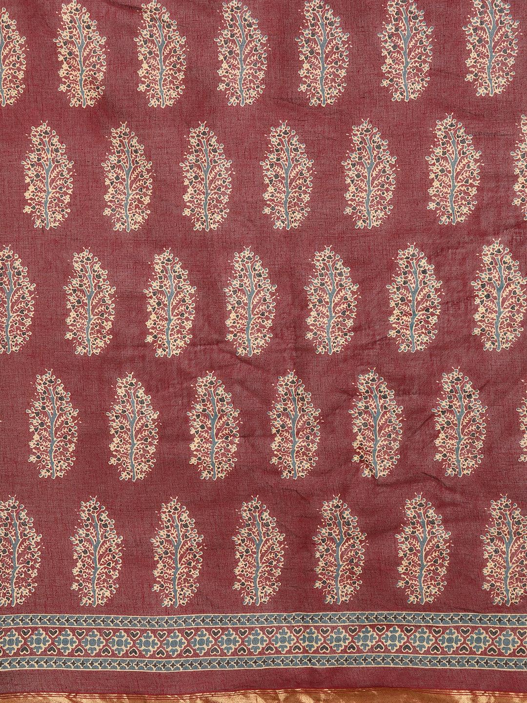 Maroon Printed Cotton Saree - Libas