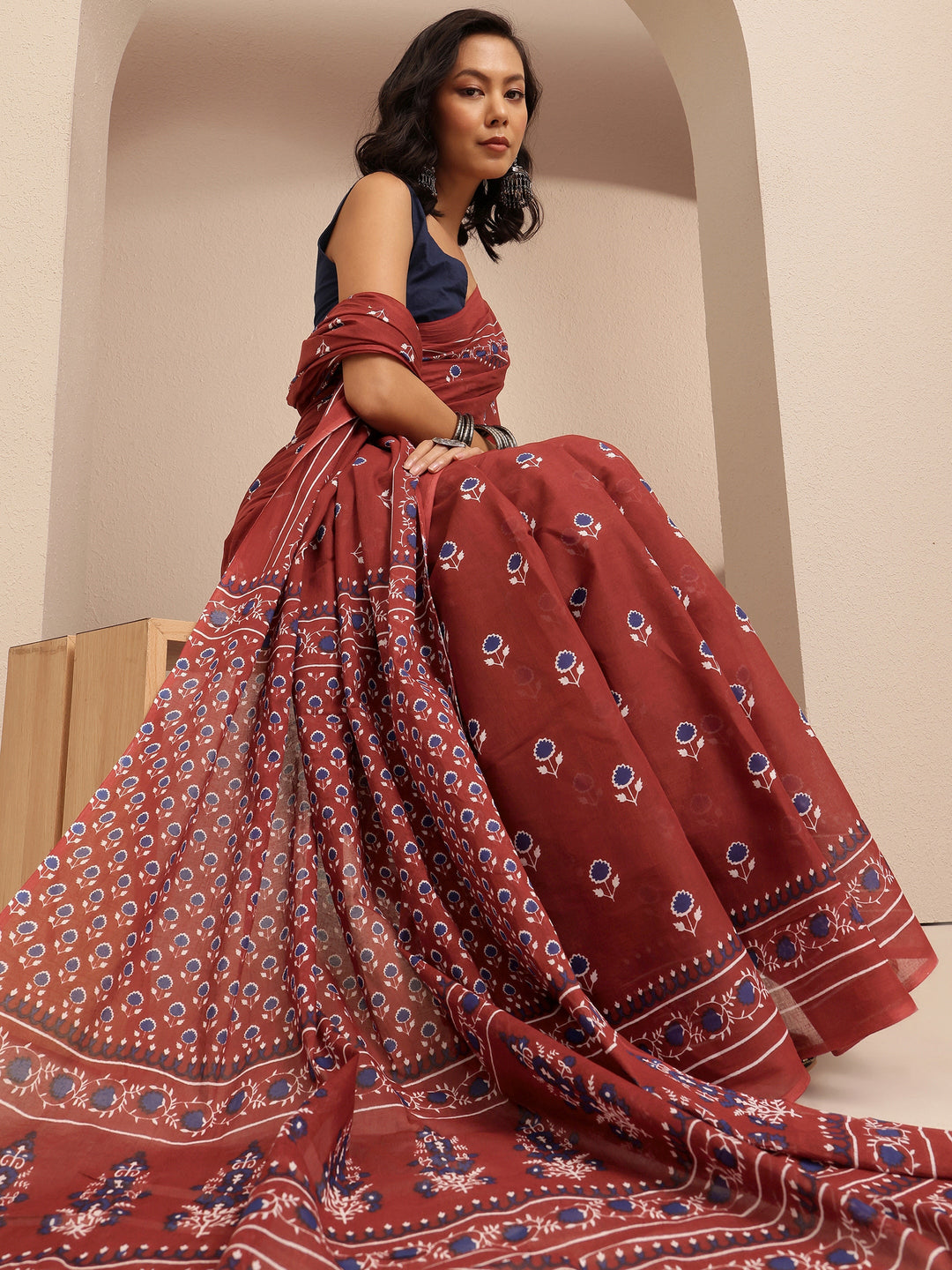  Maroon Printed Cotton Saree With Unstitched Blouse Piece 