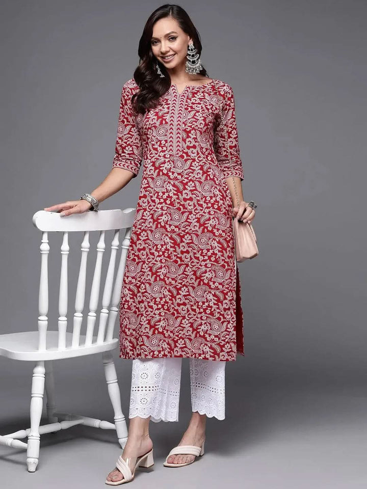 Maroon Printed Cotton Straight Kurta - Libas