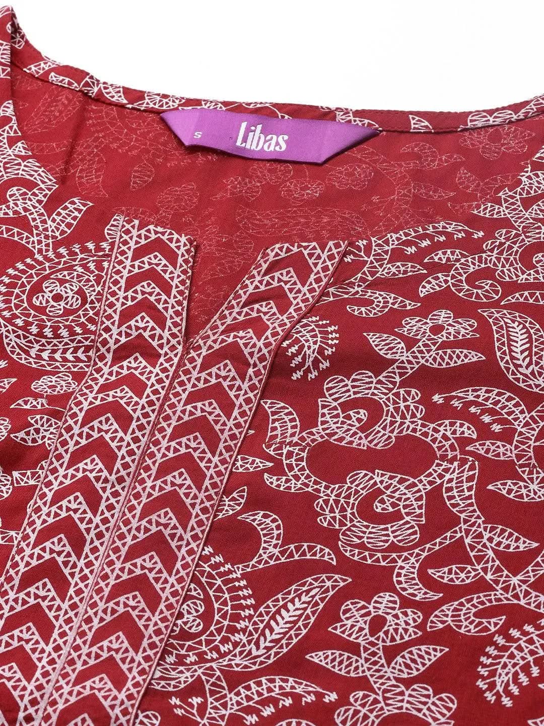 Maroon Printed Cotton Straight Kurta - Libas 