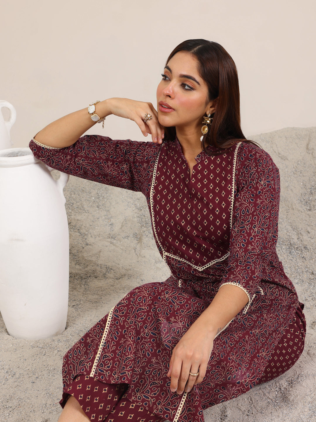  Maroon Printed Cotton Straight Kurta Set 