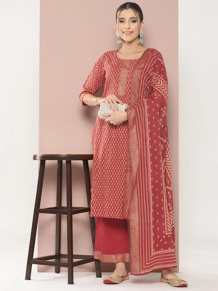 Maroon Printed Cotton Straight Kurta With Palazzos & Dupatta - Libas