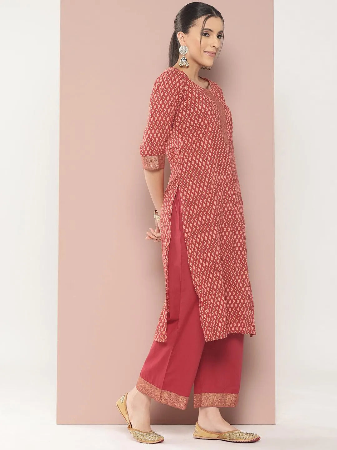 Maroon Printed Cotton Straight Kurta With Palazzos & Dupatta - Libas