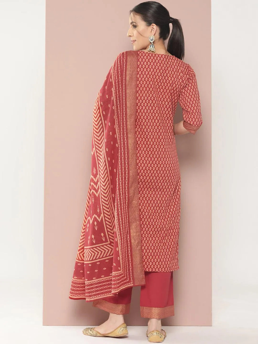 Maroon Printed Cotton Straight Kurta With Palazzos & Dupatta - Libas