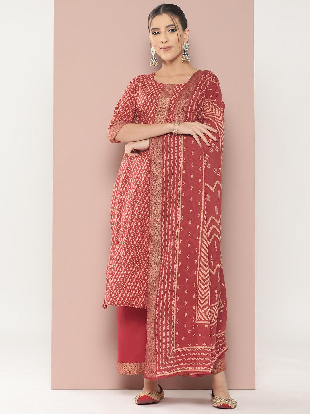 Maroon Printed Cotton Straight Suit With Dupatta