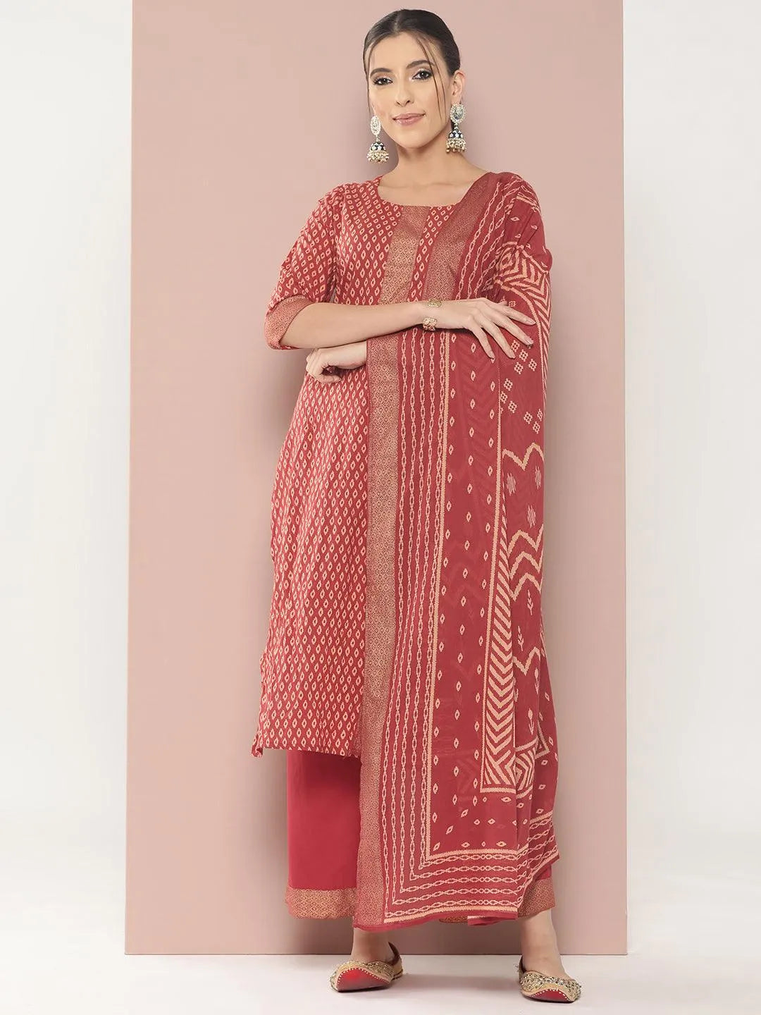 Maroon Printed Cotton Straight Kurta With Palazzos & Dupatta - Libas