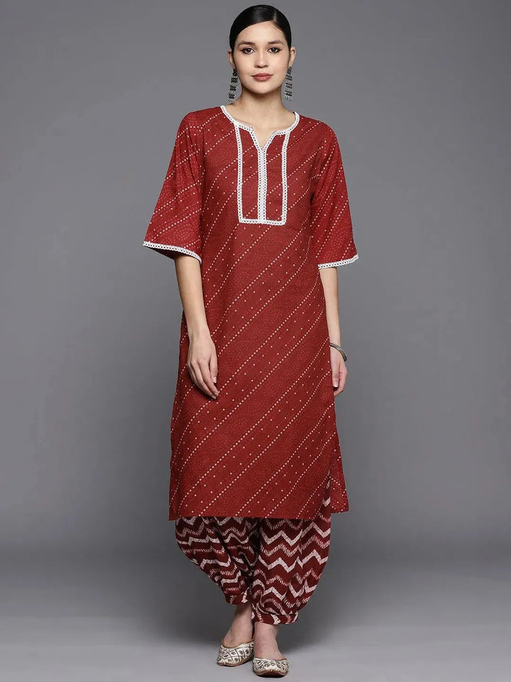 Maroon Printed Cotton Straight Kurta Set With Salwar - Libas