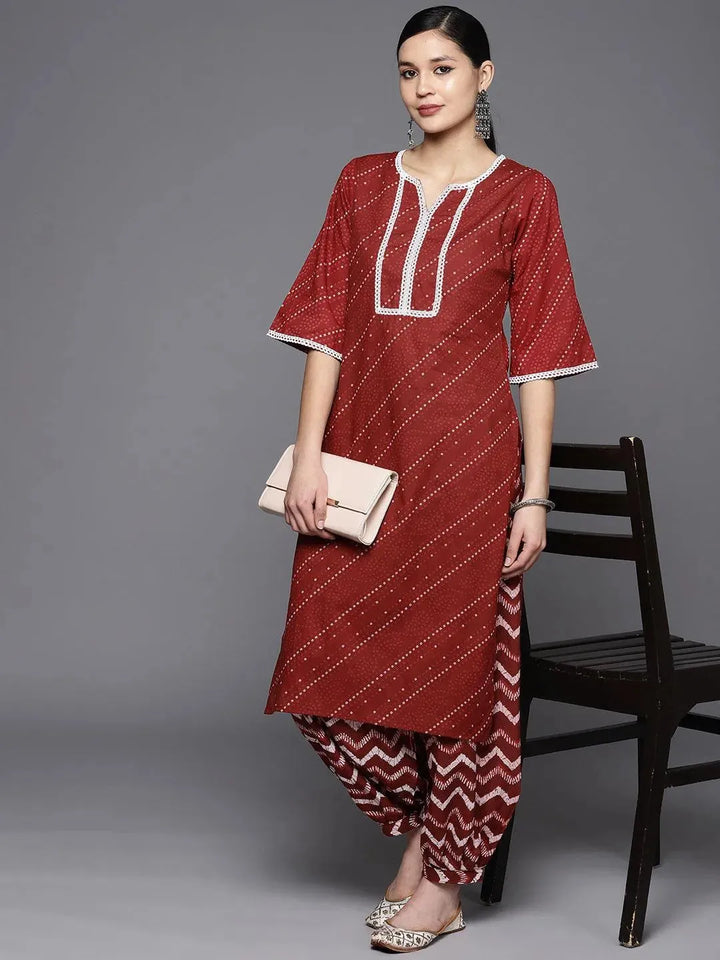Maroon Printed Cotton Straight Kurta Set With Salwar - Libas