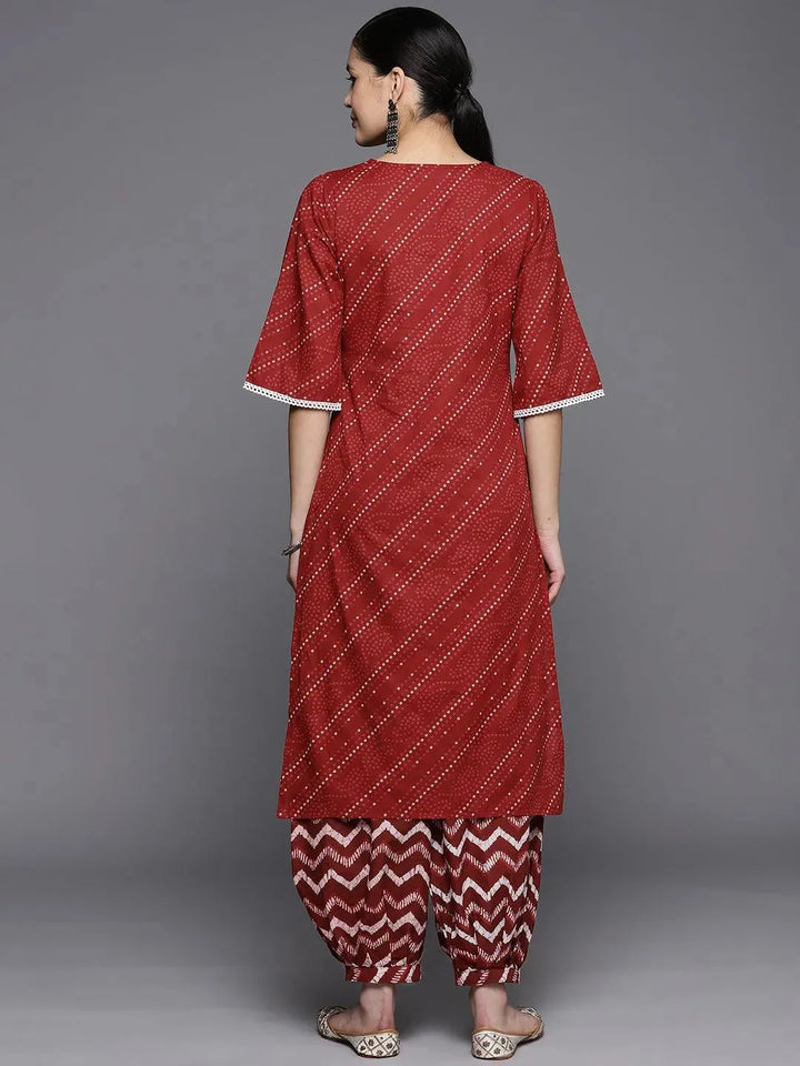 Maroon Printed Cotton Straight Kurta Set With Salwar - Libas