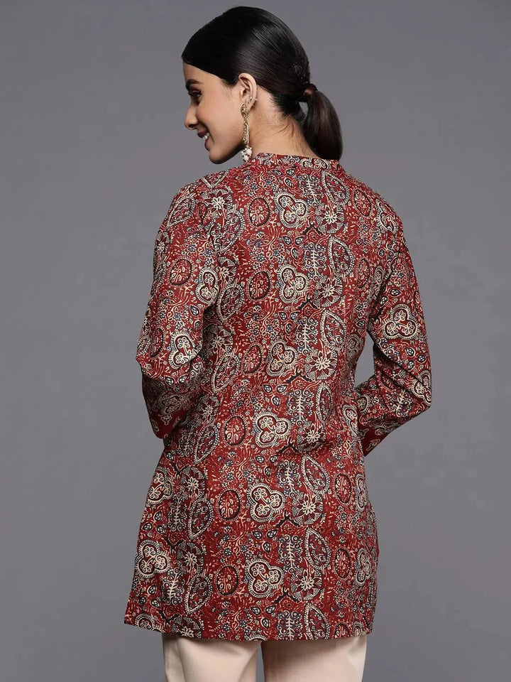 Maroon Printed Cotton Straight Kurti - Libas