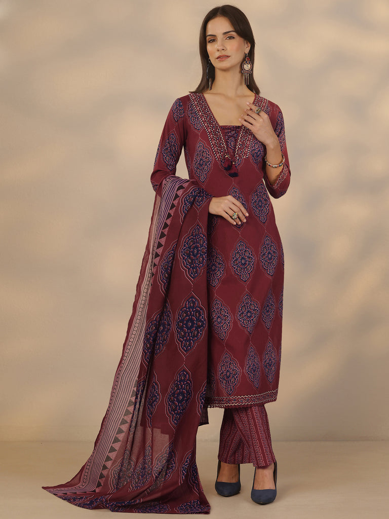 Libas Maroon Printed Cotton Straight Suit Set With Dupatta