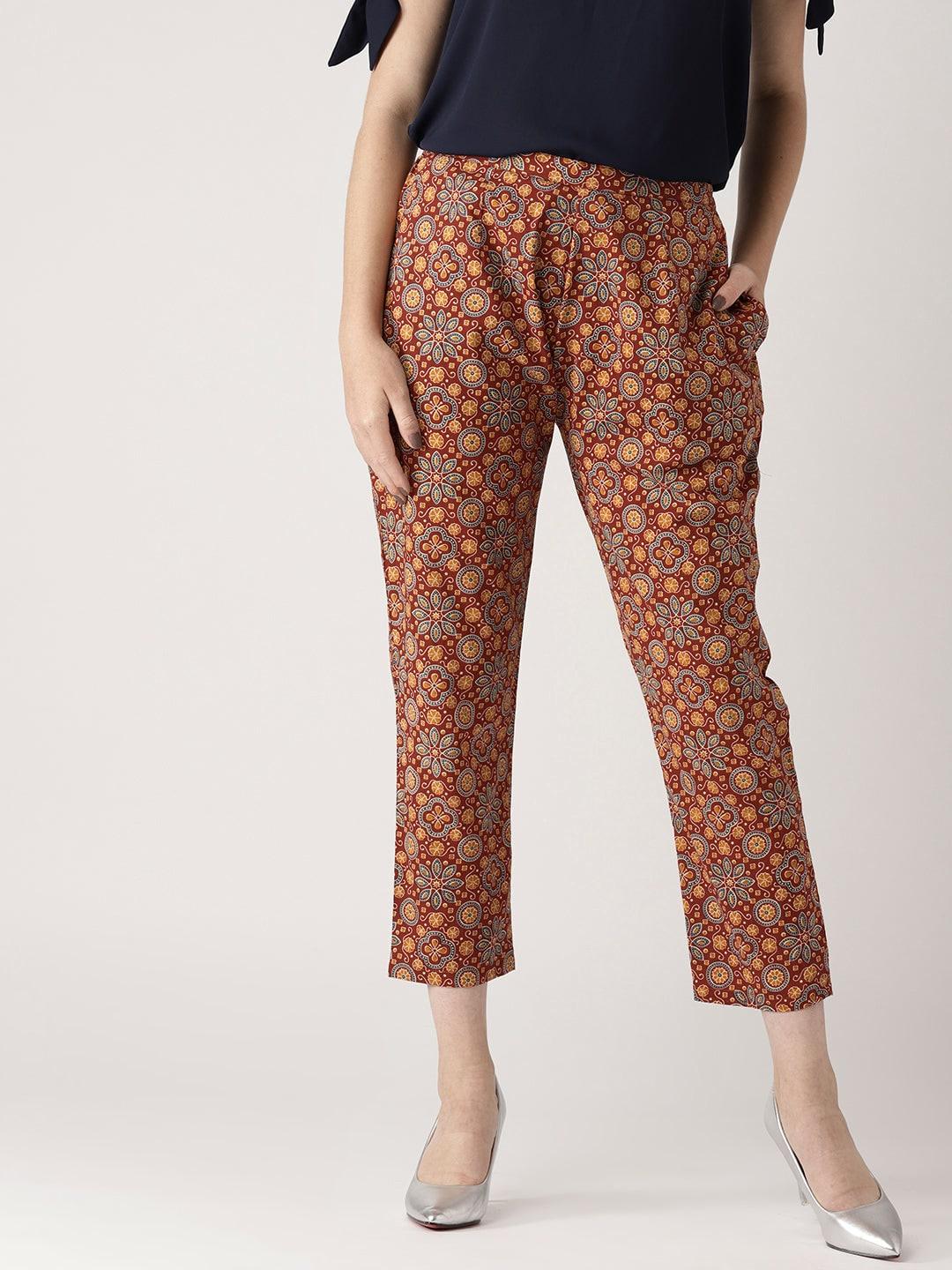 Maroon Printed Cotton Trousers - Libas