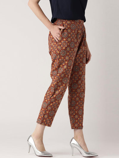 Maroon Printed Cotton Trousers - Libas