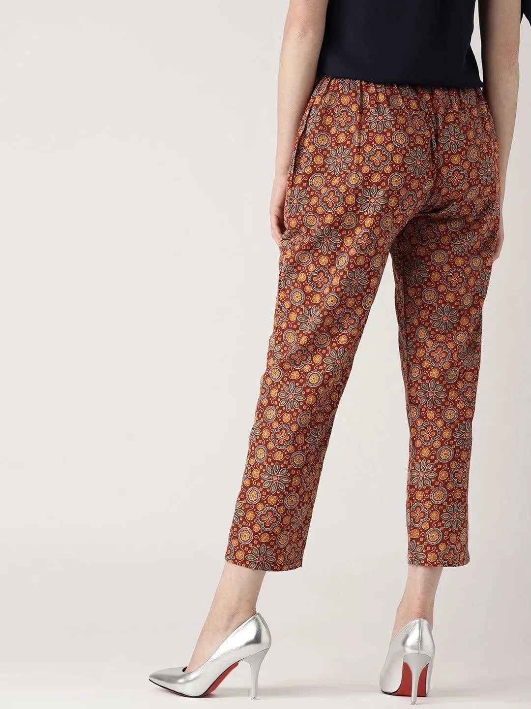 Maroon Printed Cotton Trousers - Libas