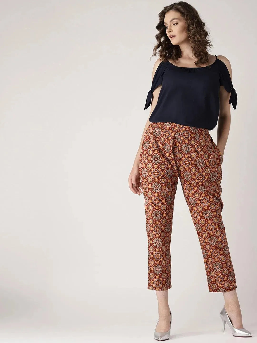 Maroon Printed Cotton Trousers - Libas