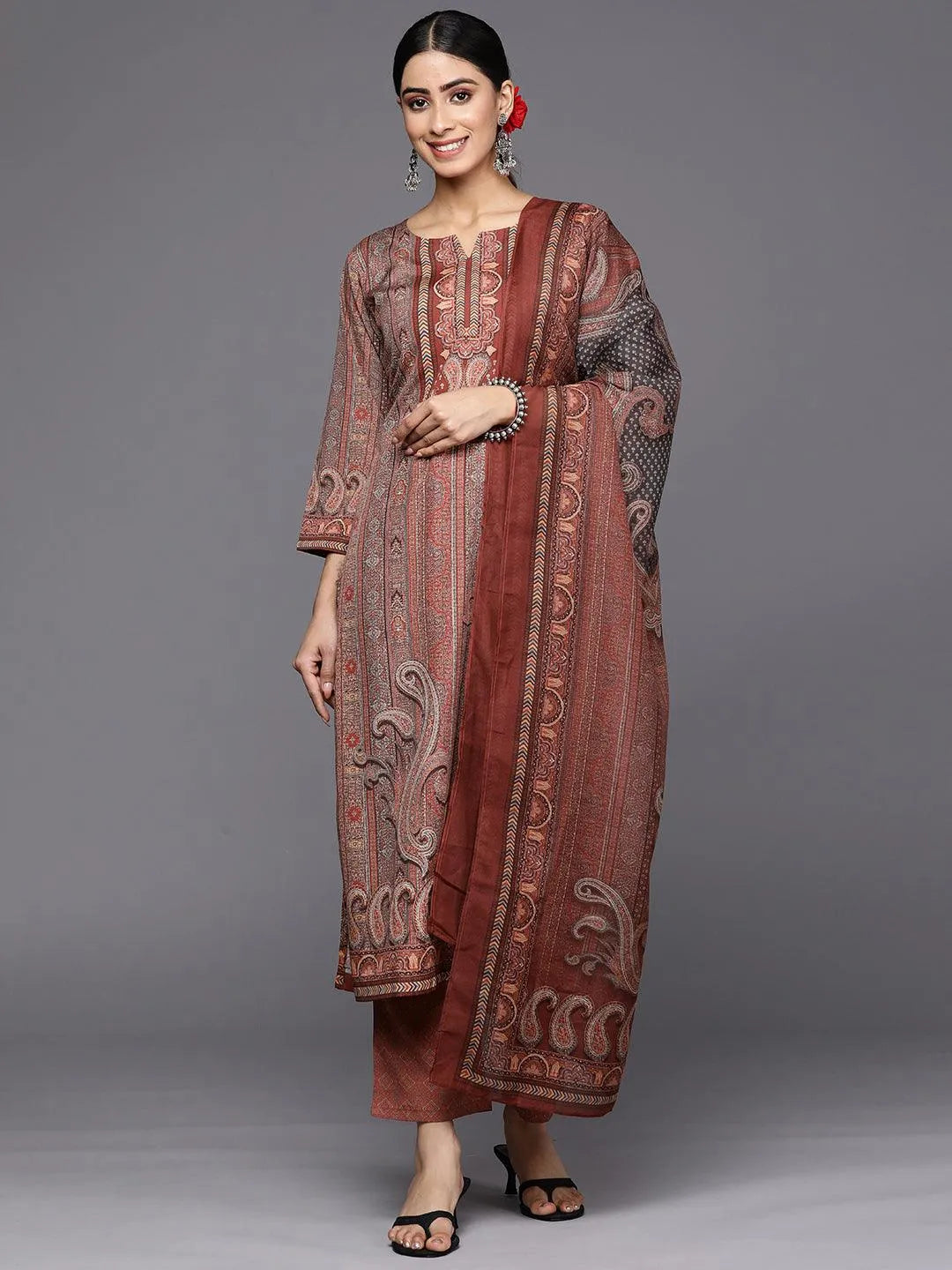 

Maroon Printed Crepe Straight Kurta With Trousers & Dupatta