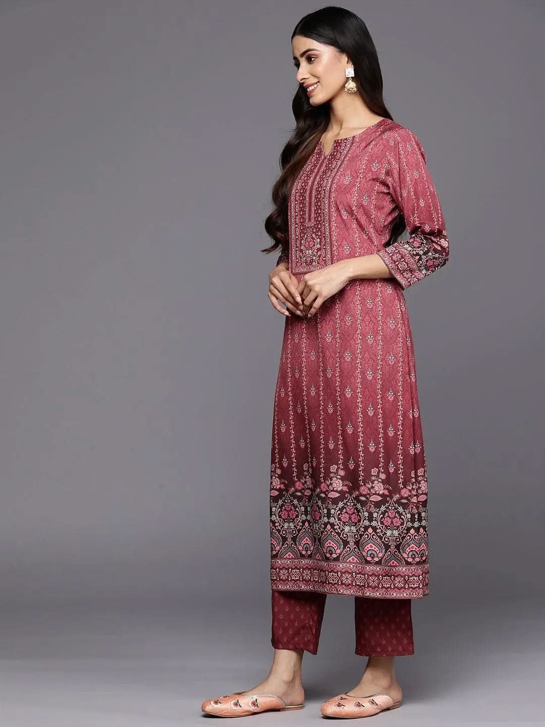 Maroon Printed Straight Kurta Trouser Set main image 1