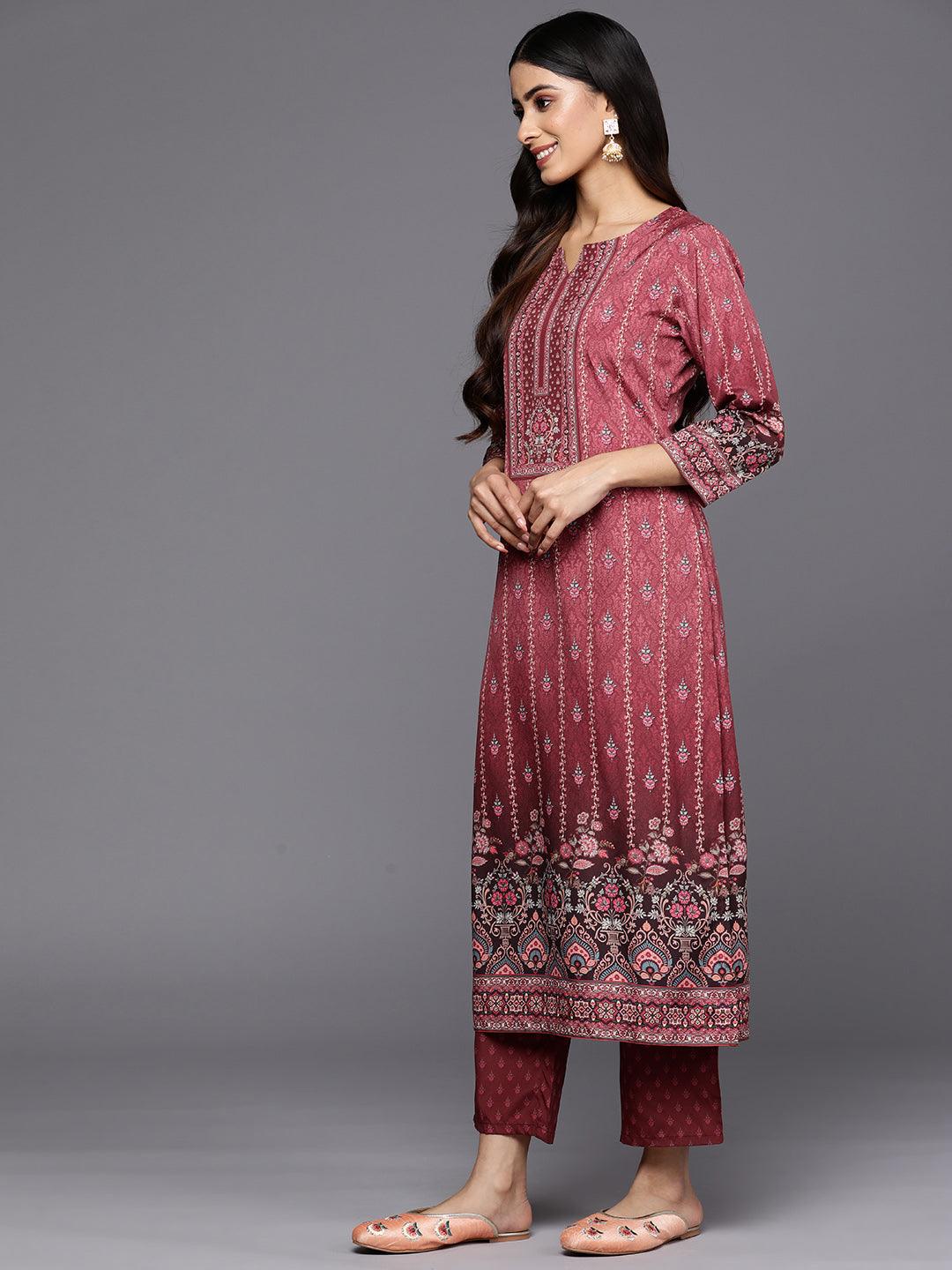 Maroon Printed Crepe Straight Suit Set With Trousers - Libas