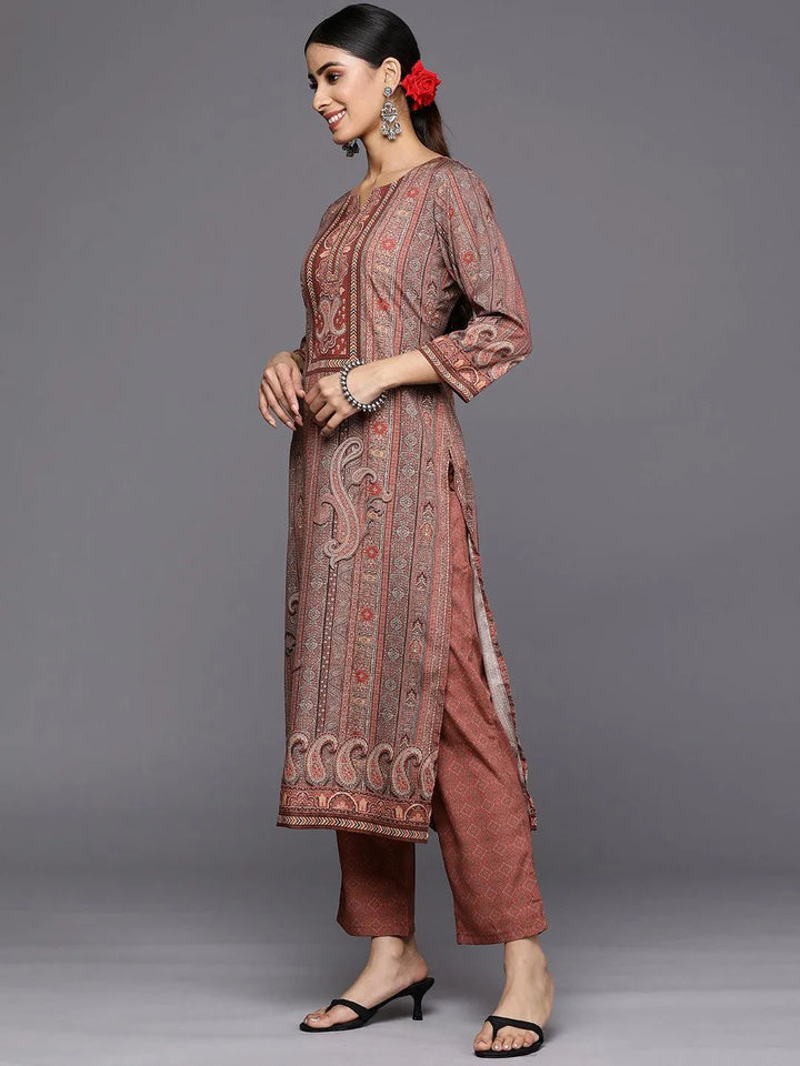 Maroon Printed Crepe Straight Suit Set With Trousers - Libas