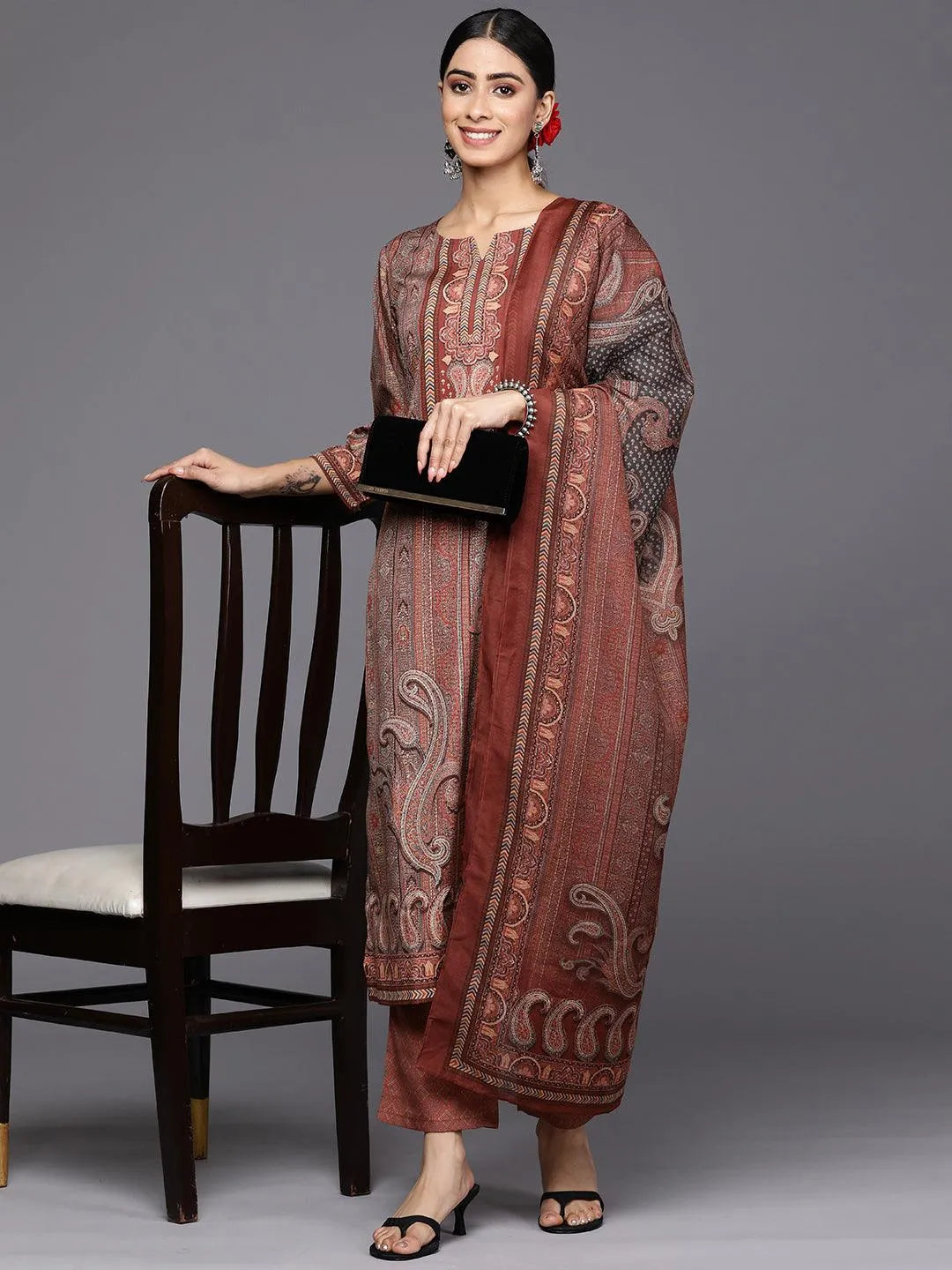 Maroon Printed Crepe Straight Suit Set With Trousers - Libas 