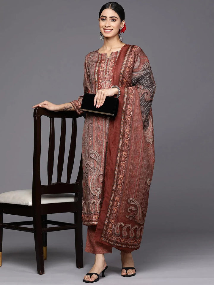 Maroon Printed Crepe Straight Suit Set With Trousers - Libas
