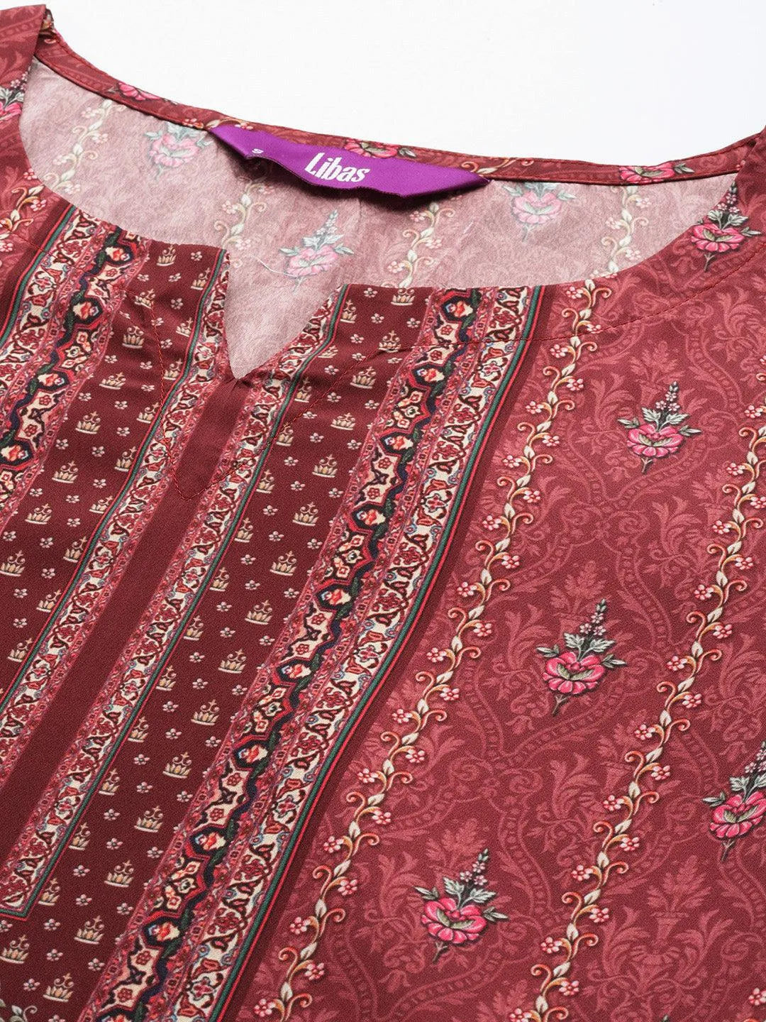 Maroon Printed Crepe Straight Suit Set With Trousers - Libas 