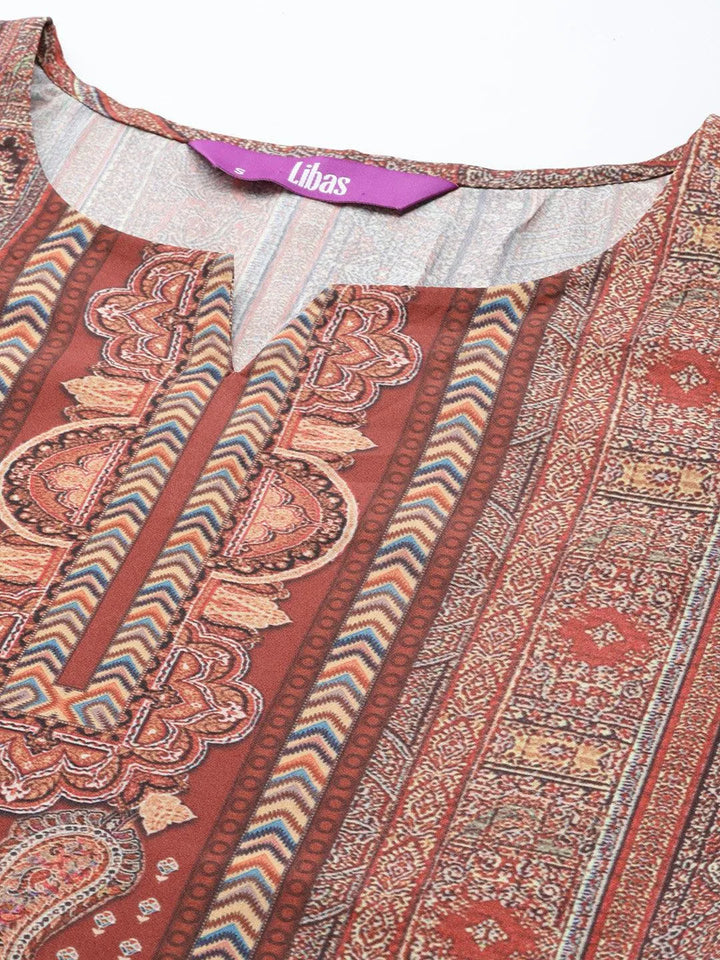Maroon Printed Crepe Straight Suit Set With Trousers - Libas