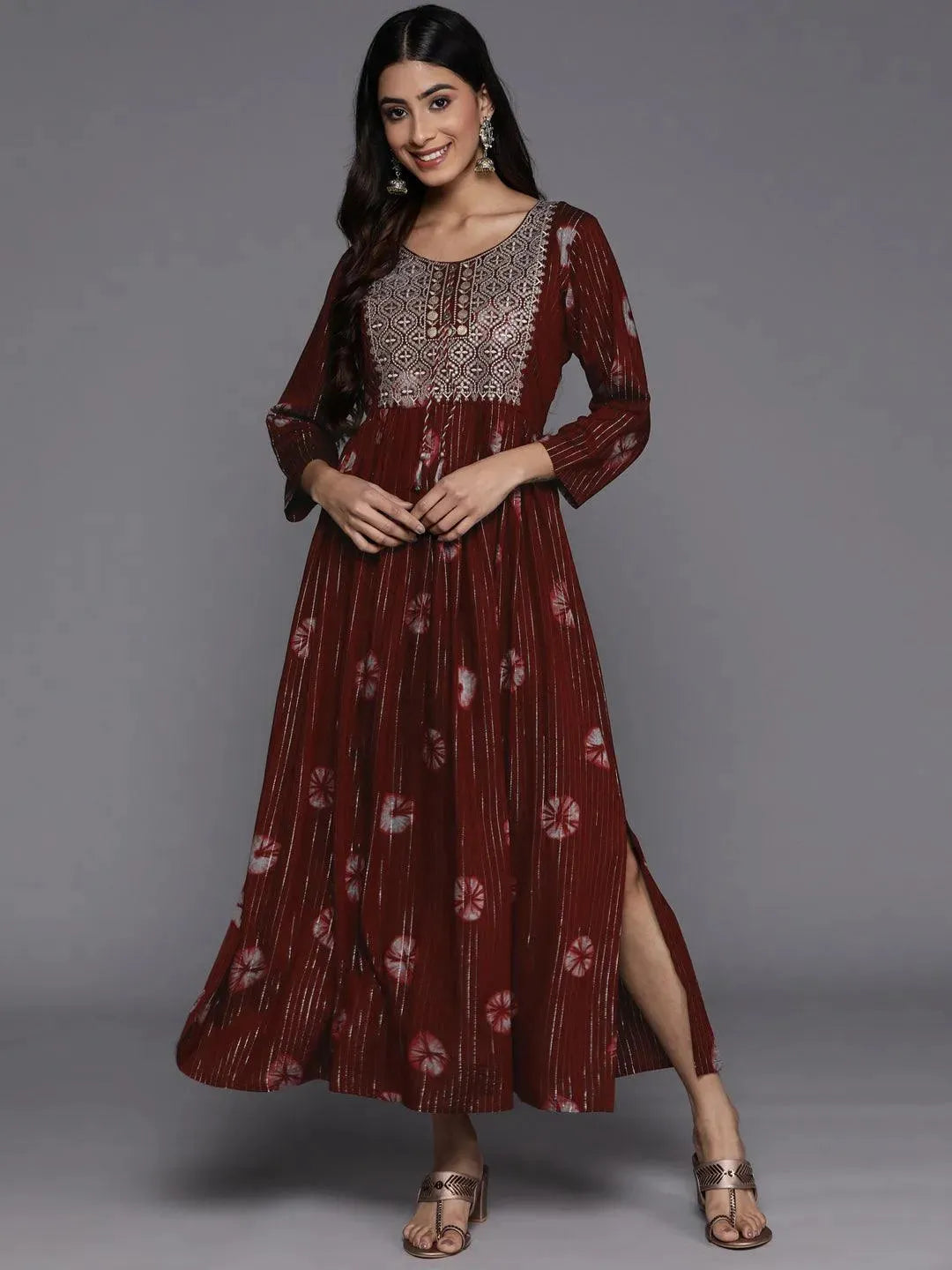 Maroon Printed Fit and Flare Rayon Dress - Libas