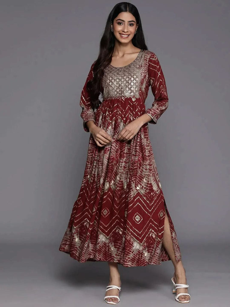 Libas Maroon Printed Fit and Flare Rayon Dress