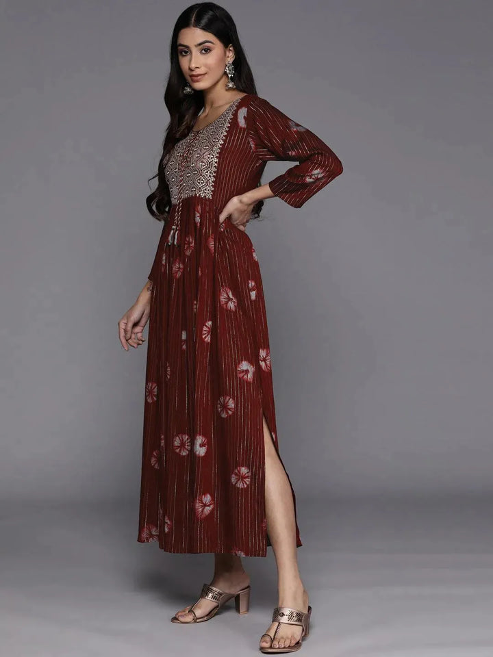 Maroon Printed Fit and Flare Rayon Dress - Libas