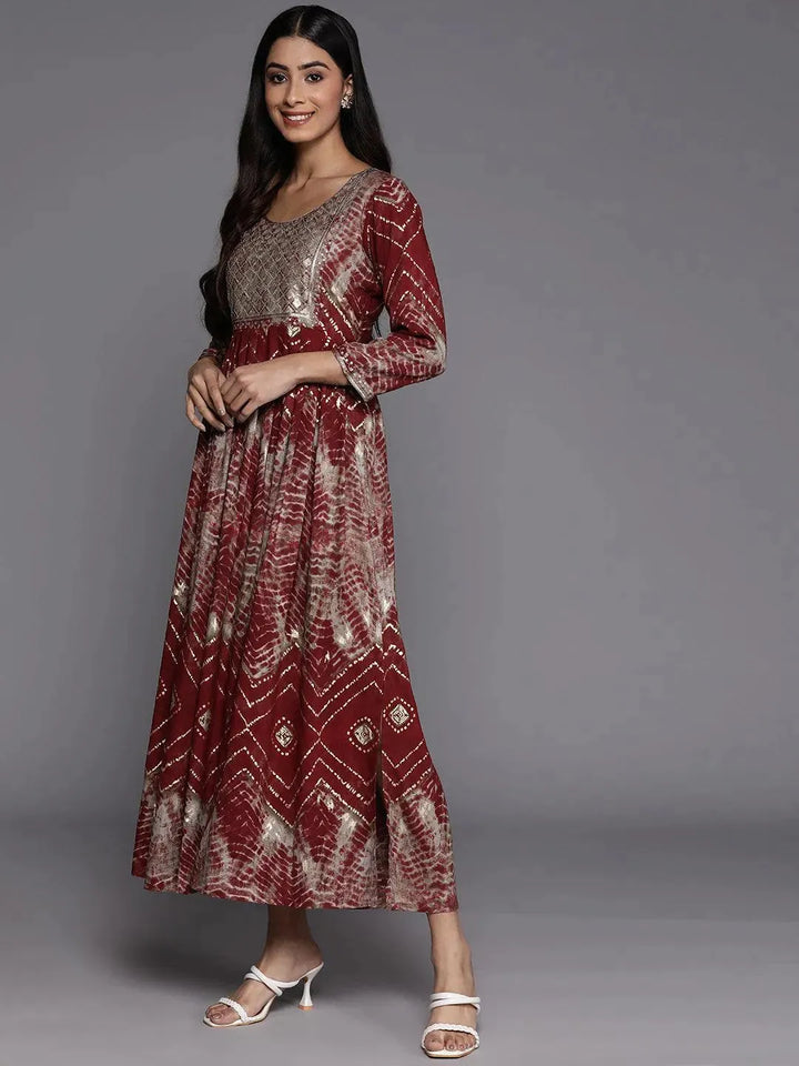 Maroon Printed Fit and Flare Rayon Dress - Libas