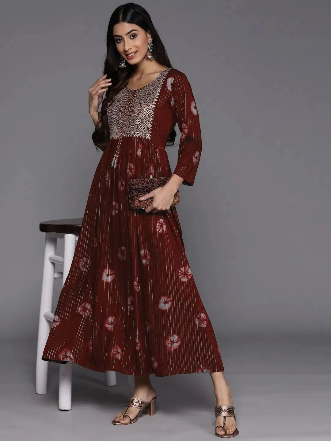 Maroon Printed Fit and Flare Rayon Dress - Libas 