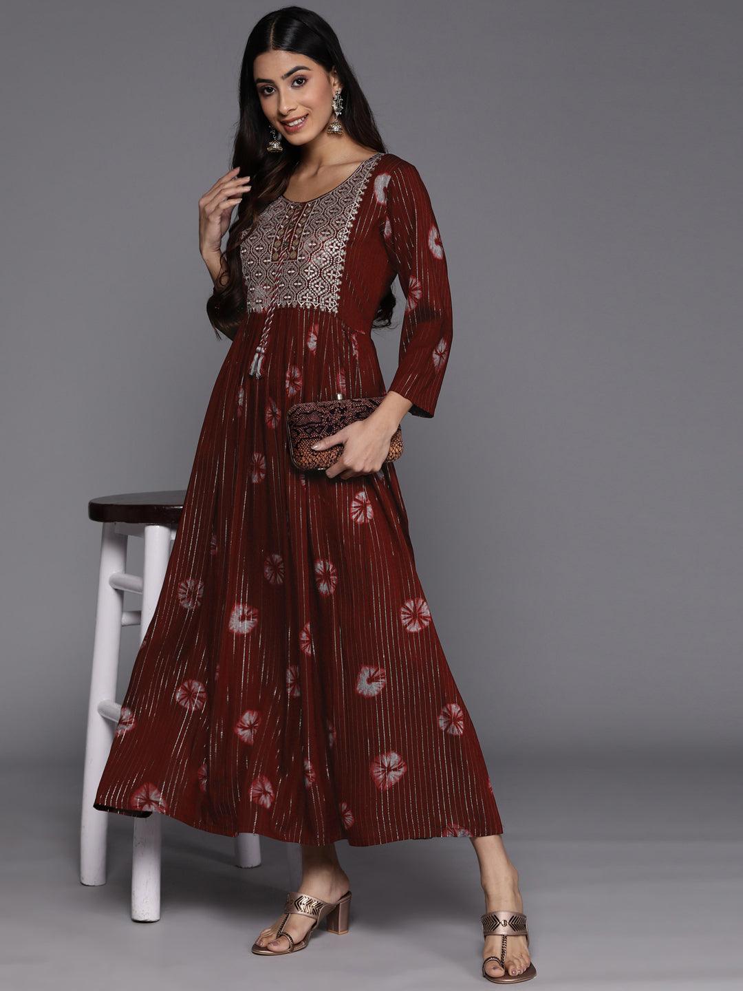 Maroon Printed Fit and Flare Rayon Dress - Libas