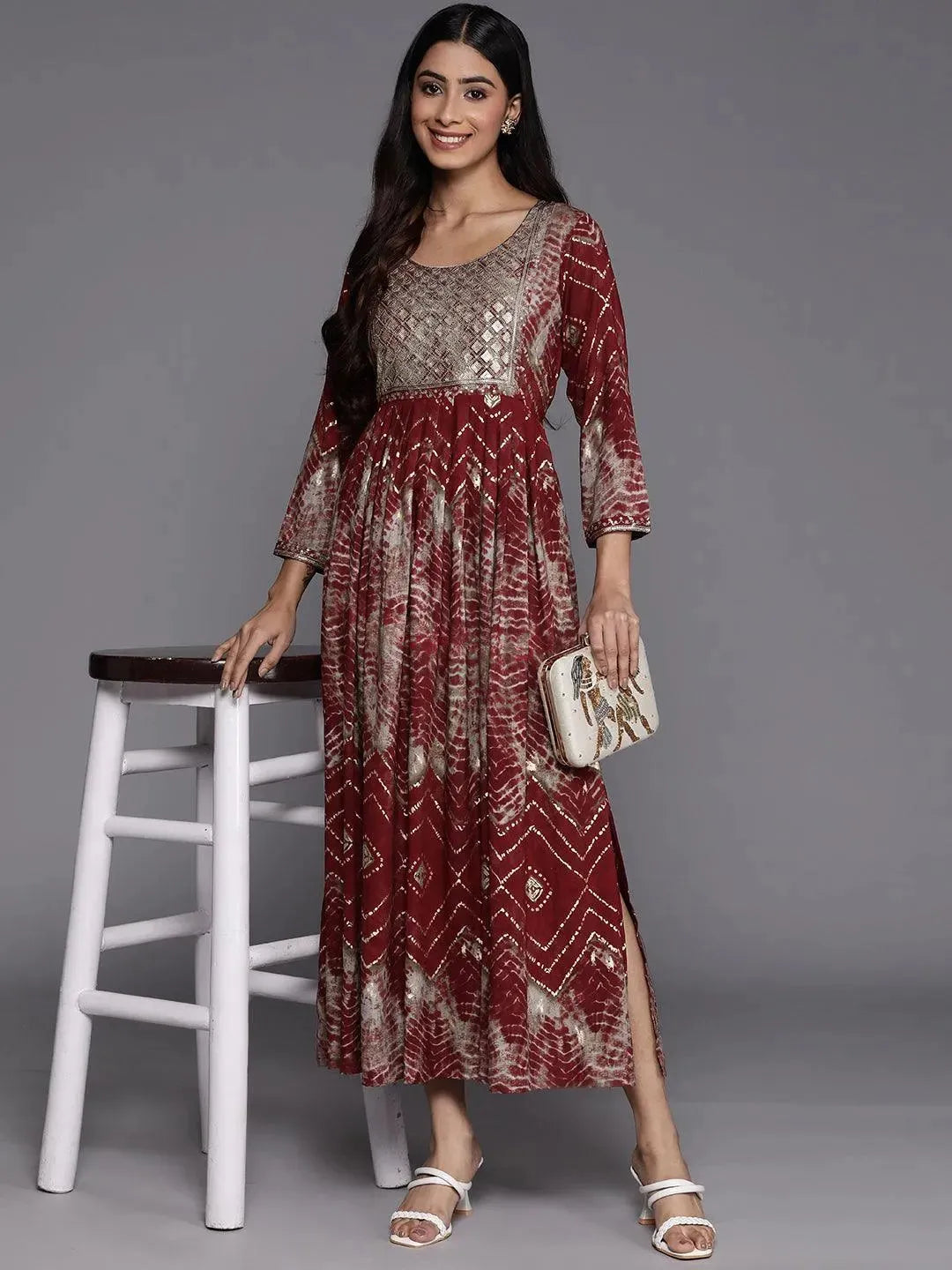 Maroon Printed Fit and Flare Rayon Dress - Libas